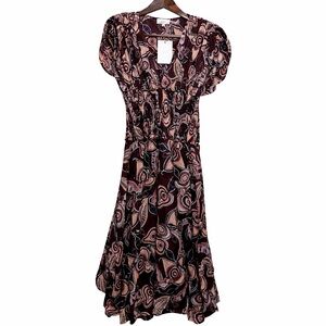 A.L.C. Lucia Bitter Chocolate Abstract Midi Dress Smocked Waist Size 2 NWT